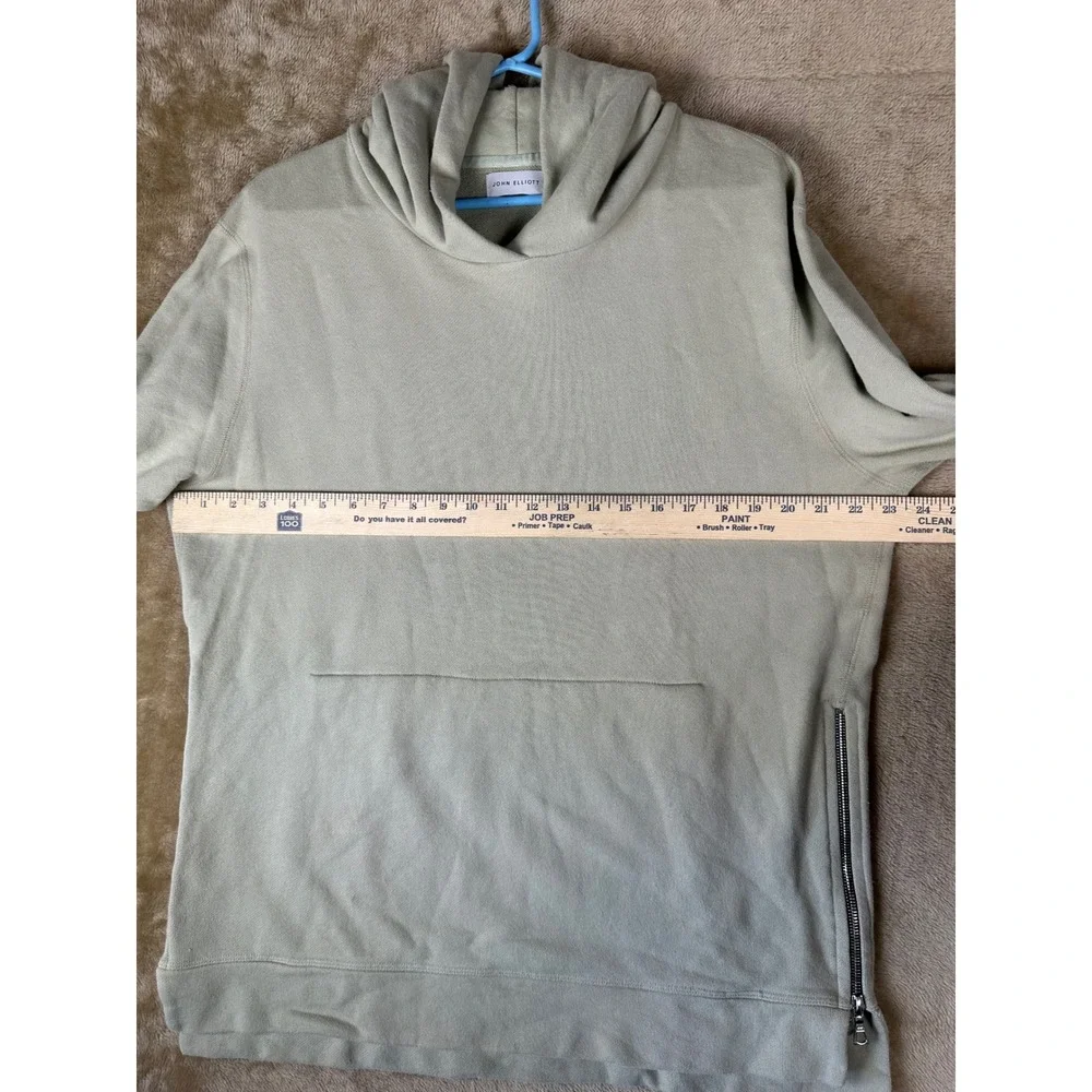 John Elliott Men Villain Side Zip Hoodie Sage Green Cotton French Terry Made USA